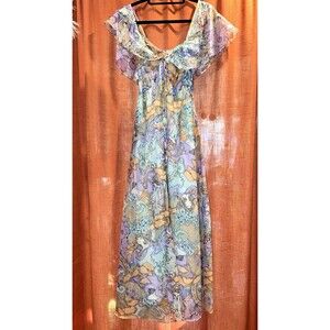 VTG 60 70s Lady Print Hostess Maxi Dress Floral Iris Stars boho fairy womens 5